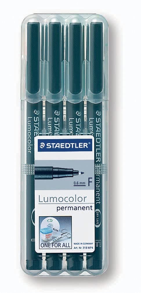 STAEDTLER permanenter Universalstift Lumocolor, wisch- und wasserfest, sekundenschnell trocken, nachfüllbar, Linienbreite 0,6 mm, 4 schwarze Marker in stabiler STAEDTLER Box, 318-9WP4HZ 4 stück (1er Pack) Schwarz