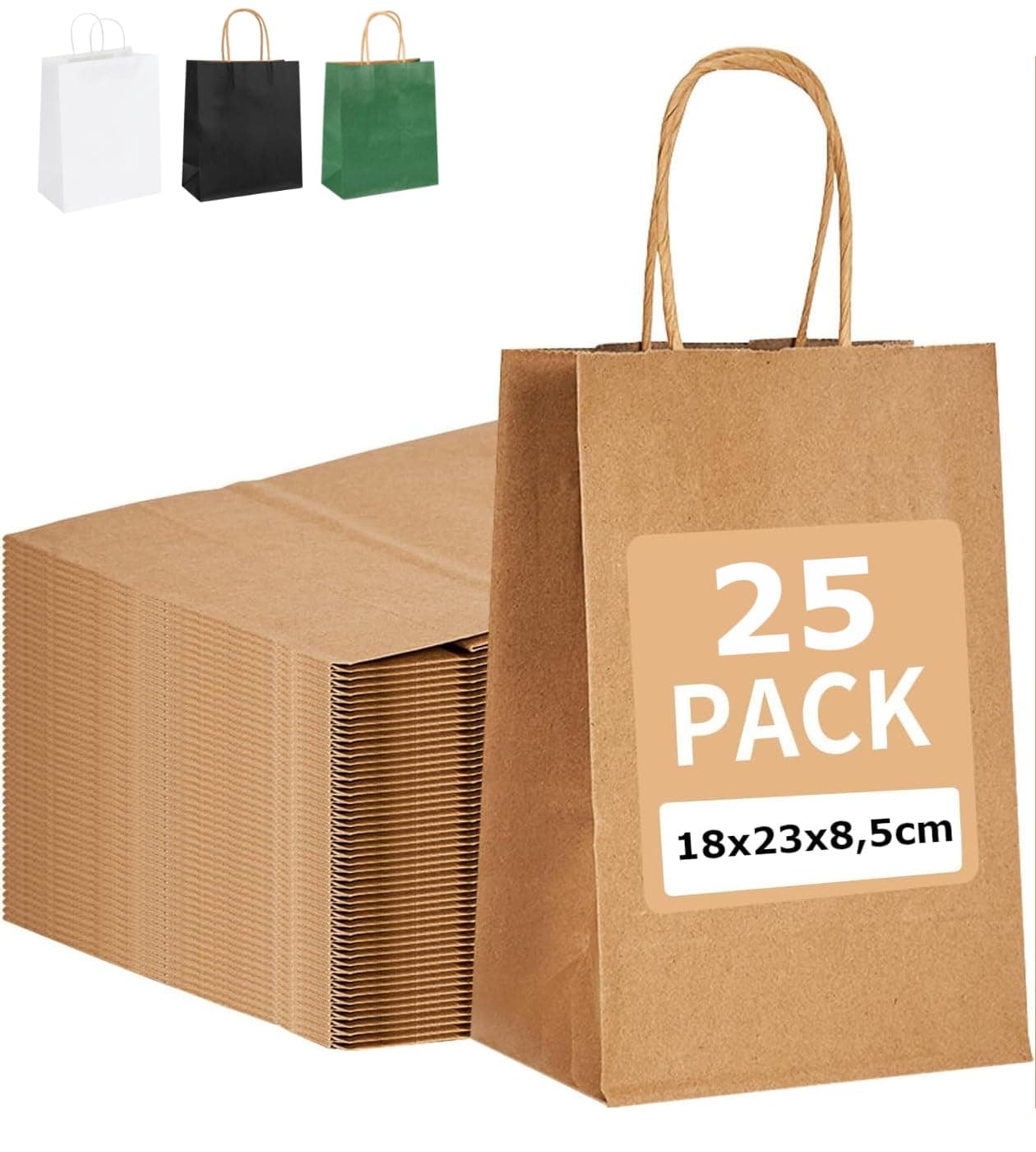 PAKNOR® 25stk Braun Papiertüten mit Henkel - 18 x 21 x 8 cm, Papiertragetasche mit Kordelgriff, Geschenktüten, Kraftpapiertüte, DIY Adventskalender (Braun - 25 Stück)