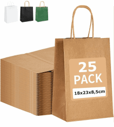 PAKNOR® 25stk Braun Papiertüten mit Henkel - 18 x 21 x 8 cm, Papiertragetasche mit Kordelgriff, Geschenktüten, Kraftpapiertüte, DIY Adventskalender (Braun - 25 Stück) Angebot bei HelloDeals