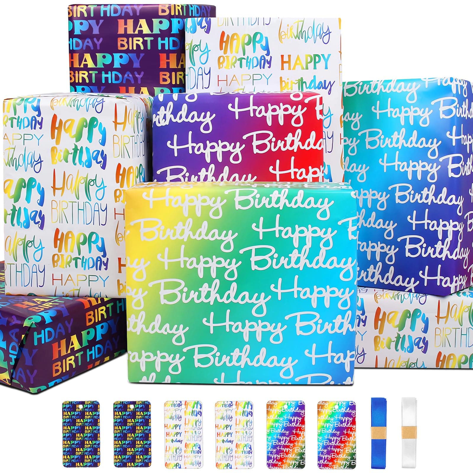 Geschenkpapier Geburtstag,Bunte Geburtstags Geschenkpapier Set mit 6 Geschenkpapier Happy Birthday,6 Anhängern,2 Band,Packpapier Geschenkpapier Jungen Männer Kinder Geburtstagspapier Geburtstag 3