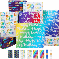 Geschenkpapier Geburtstag,Bunte Geburtstags Geschenkpapier Set mit 6 Geschenkpapier Happy Birthday,6 Anhängern,2 Band,Packpapier Geschenkpapier Jungen Männer Kinder Geburtstagspapier Geburtstag 3 Angebot bei HelloDeals