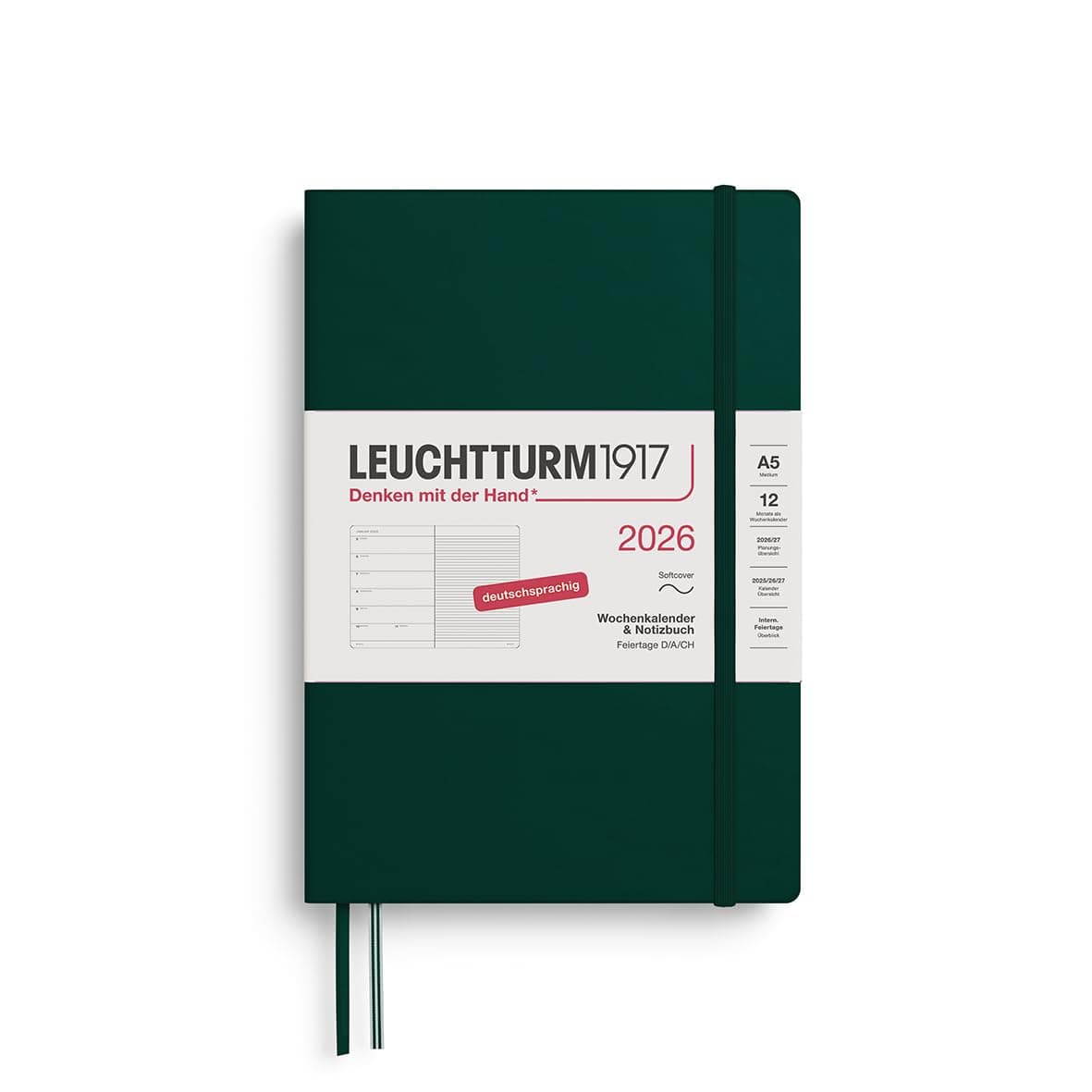 LEUCHTTURM1917 372498 Wochenkalender & Notizbuch Medium (A5) 2026, 12 Monate, Softcover, Forest Green, Deutsch Forest Green Medium (A5)