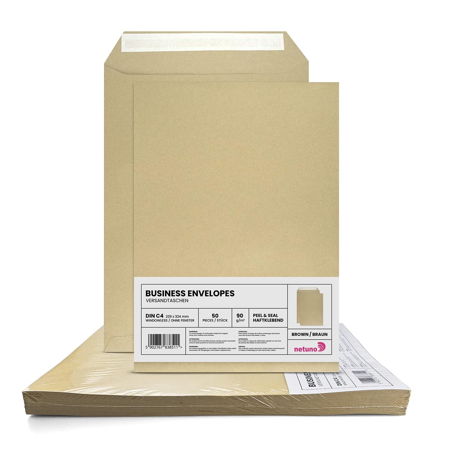Netuno 50x Versandtasche DIN C4 Braun 229 x 324 mm 90g große Briefumschläge ohne Fenster gerade Klappe Haftklebung Umschläge Maxibrief A4 Briefkuverts Großbrief Kuverts envelope big Braun C4 50 Stück