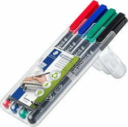 STAEDTLER permanenter Universalstift Lumocolor, wisch- und wasserfest, sekundenschnell trocken, nachfüllbar, F-Spitze - Linienbreite 0,6 mm, 4 Marker in sortierten Farben, 318 WP4, Rot, Blau, Grün, Schwarz 4 stück (1er Pack) 4er Etui Angebot bei HelloDeals