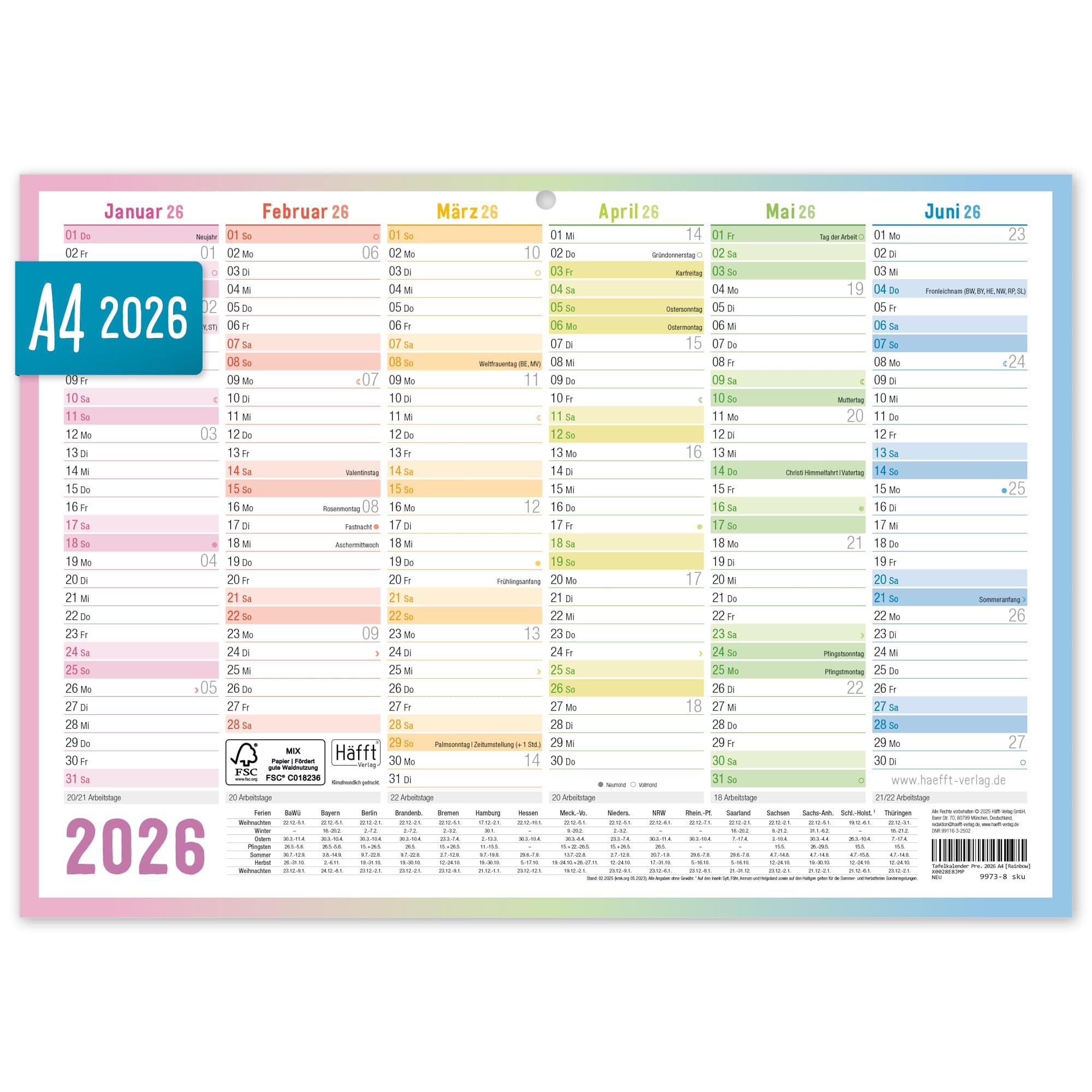 Häfft® Premium Tafelkalender 2026 A4 quer mit Ferien & Feiertagen, 850g/m² Karton - Jahresplaner, Wandkalender, Jahreskalender "Rainbow" - nachhaltig & klimafreundlich