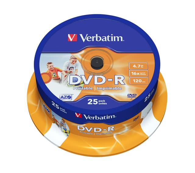 Verbatim DVD-R Wide Inkjet Printable 4.7GB, 25er Pack Spindel, DVD Rohlinge bedruckbar, 16-fache Brenngeschwindigkeit & Hardcoat Scratch Guard, DVD-R Rohlinge printable, DVD leer 25 St. bedruckbar Spindle