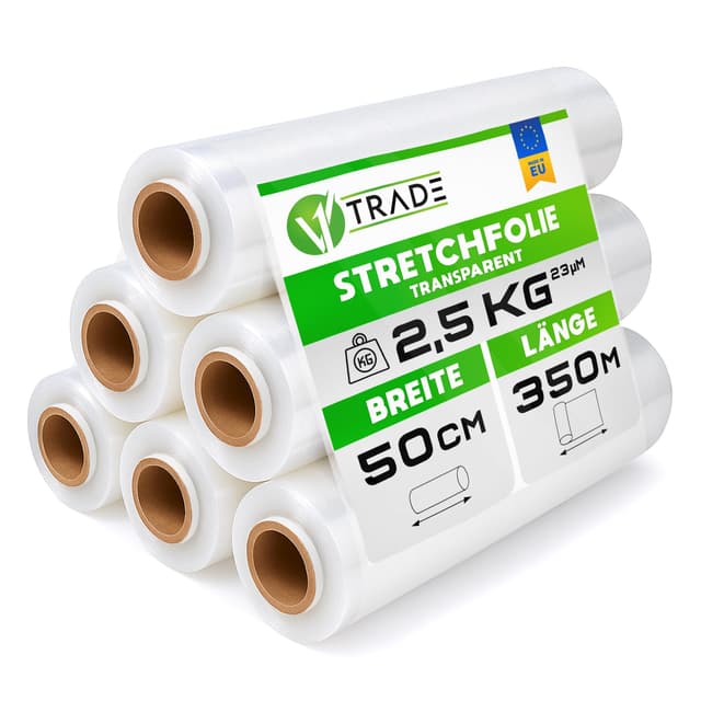 V1 Trade Stretchfolie Transparent Strechfolienrolle - 6 Wickelfolie - Handstretchfolie 350m/50cm Verpackungsmaterial - Verpackungsfolie auf Rolle - Folie Für Möbel - Folien Für Umzug - Umzugsfolie Transparent 6 Rollen