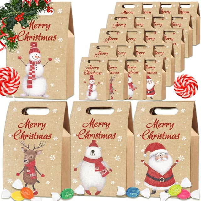 Geschenktüten Weihnachten, Weihnachtstüten Papiertüten mit Griff, Partytasche Geschenkbox Kraftpapier Verpackung, Schokolade SüßIgkeiten Organizer -24STK-