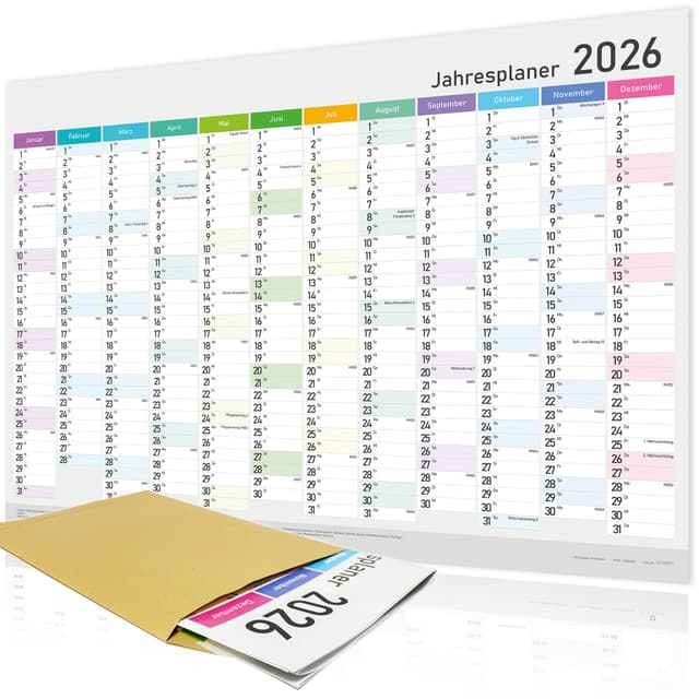 XXL Jahreskalender 2026 - Wandkalender - Jahresplaner A1 (84x59 cm), Wandplaner mit Kalenderwochen, Feiertagen - Großformat Kalender für Büro, Familie und Schule, Wall Calendar, Plakatkalender (2026) Jahr: 2026