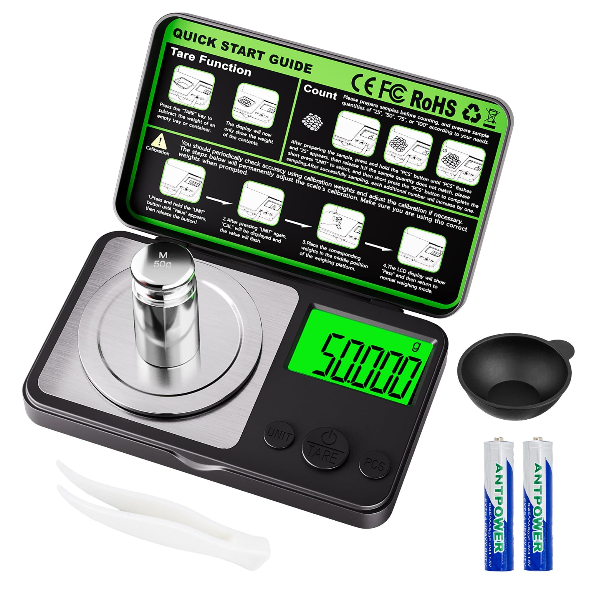 Wigearss 50g/0.001g Feinwaage Hochpräzise, Electronische Milligramm Waage, Digitalwaage mit Cal-Gewicht, Pinzette, Tray und Schaufel Angebot bei HelloDeals