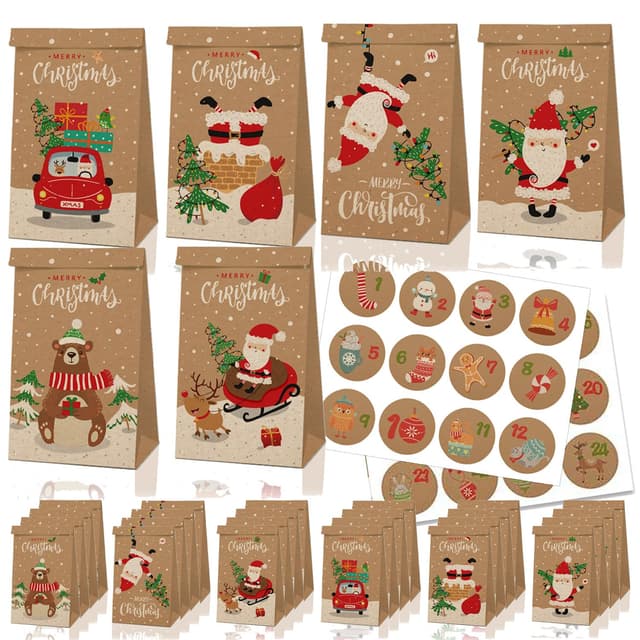 Notwoe® 24 Stück Geschenktüten Weihnachten,Personalisierte weihnachtstüten,Geschenktüten mit Weihnachtspinguin,Papiertüten Weihnachten für Geburtstagssüßigkeiten,Partys,Märkte. (Brown-B24)