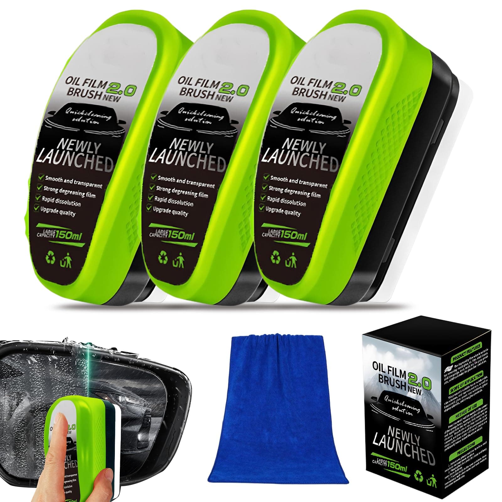 3Pcs Ölfilm-Entferner für Windschutzscheiben(mit Waschlappen),150ml Scheibenreiniger Auto,mit Reinigungsbürste, Ölabweisende Folie, Windschutzscheibe Verbessert Klarheit und Sichtbarkeit