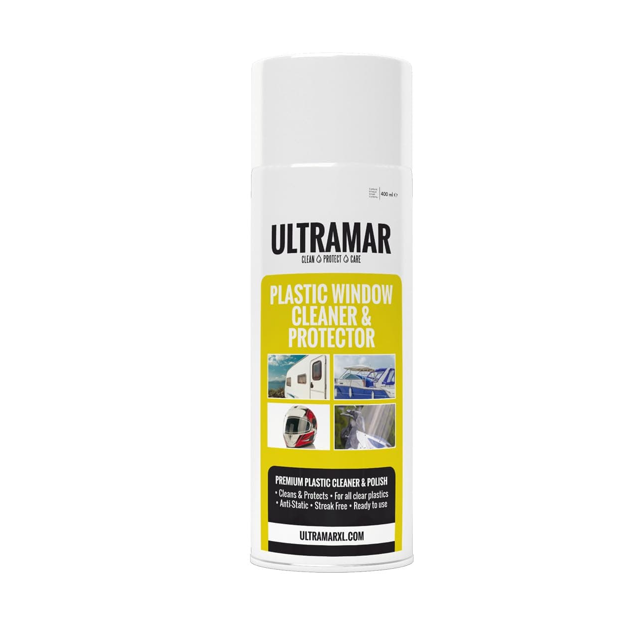 Ultramar - Plastic Window Cleaner & Protector - 400ml - Regenabweiser und Reiniger für Kunststoffscheiben, Camperfenster, Helmvisier und Bootscheibe - Scheibenreiniger und Nano Versiegelung