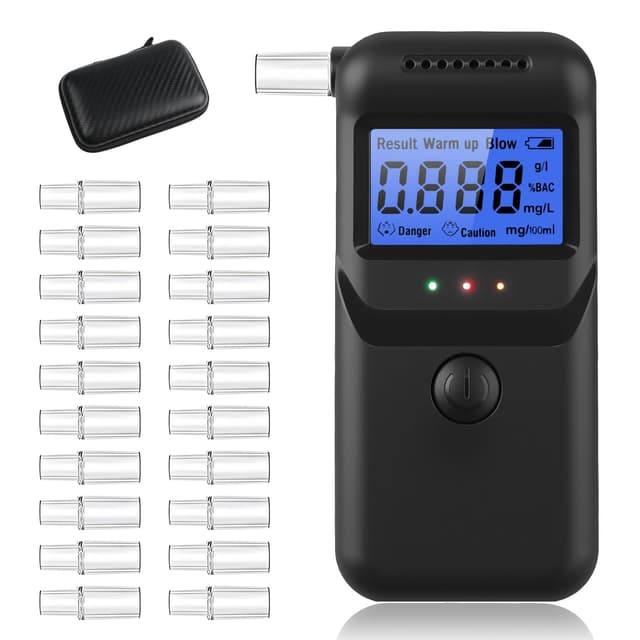 Vuxava Alkoholtester Digital Promillemessgerät mit LCD & 20 Mundstücken – Alkoholmessgerät für Zuhause & unterwegs inkl. Schwarze Kohlefaser Tragbare Tasche, tragbar & genau, wiederverwendbar