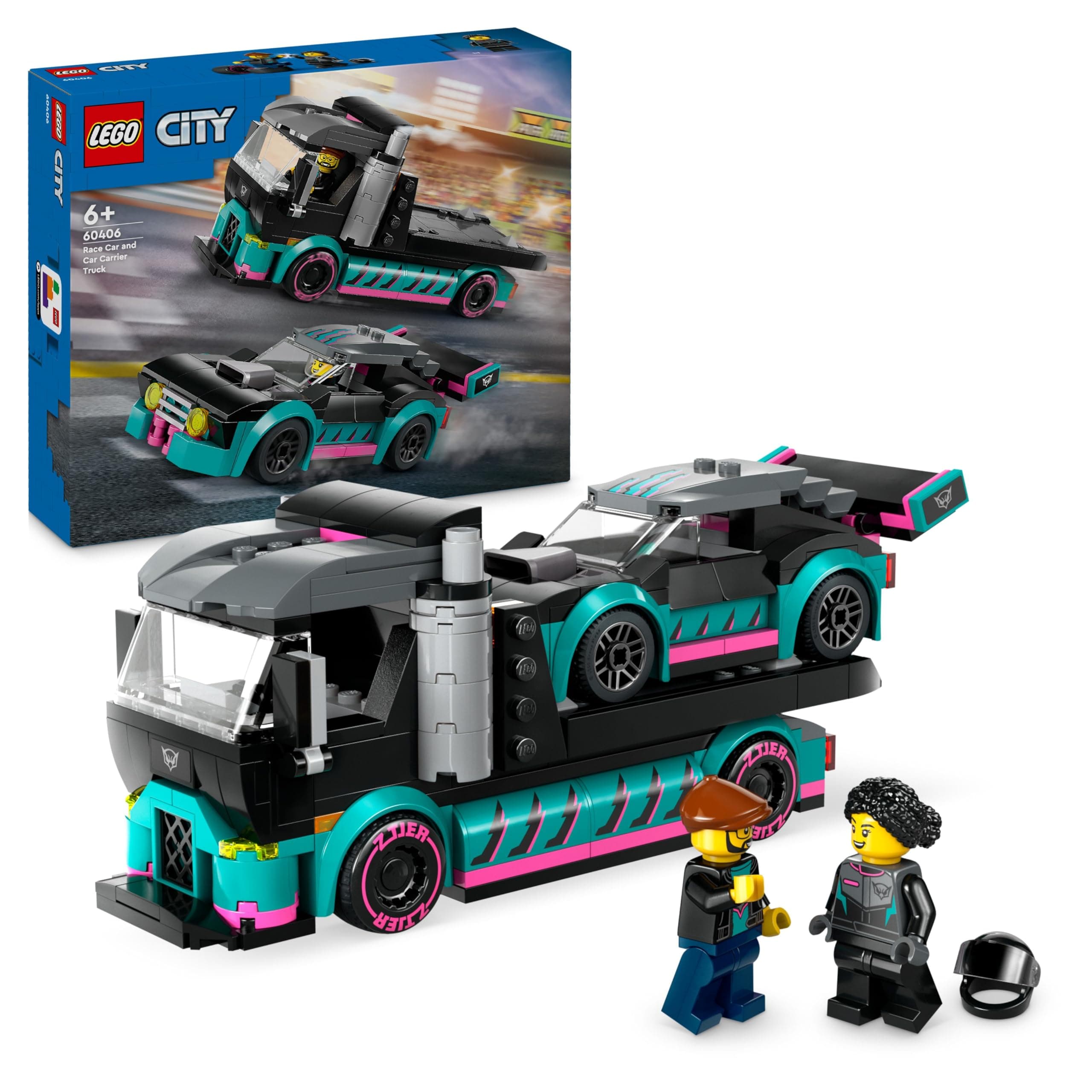 LEGO City Autotransporter mit Rennwagen, LKW-Spielzeug mit Verstellbarer Laderampe und Renn-Auto, Bauset mit 2 Minifiguren, Rennfahrer und LKW-Fahrer, Kinder ab 6 Jahren 60406 Single Angebot bei HelloDeals