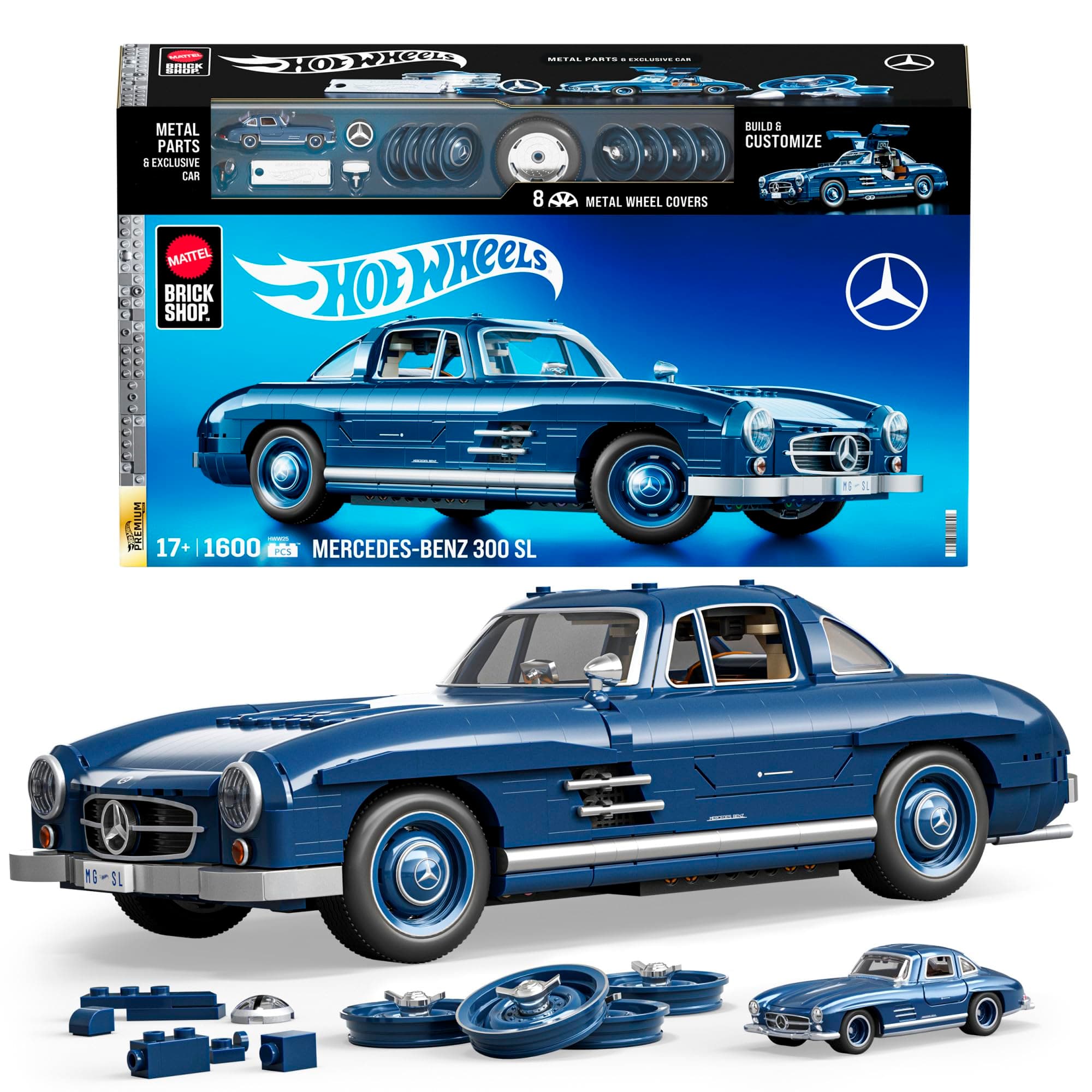 ​Mattel Brick Shop Hot Wheels Premium Serie Bauset, Mercedes-Benz 300 SL mit 1600 Teilen, realistischen Details und Metallteilen, für Sammler, HWW25, [Mehrfarbig]