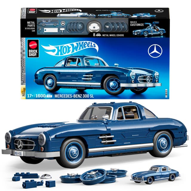 ​Mattel Brick Shop Hot Wheels Premium Serie Bauset, Mercedes-Benz 300 SL mit 1600 Teilen, realistischen Details und Metallteilen, für Sammler, HWW25, [Mehrfarbig]