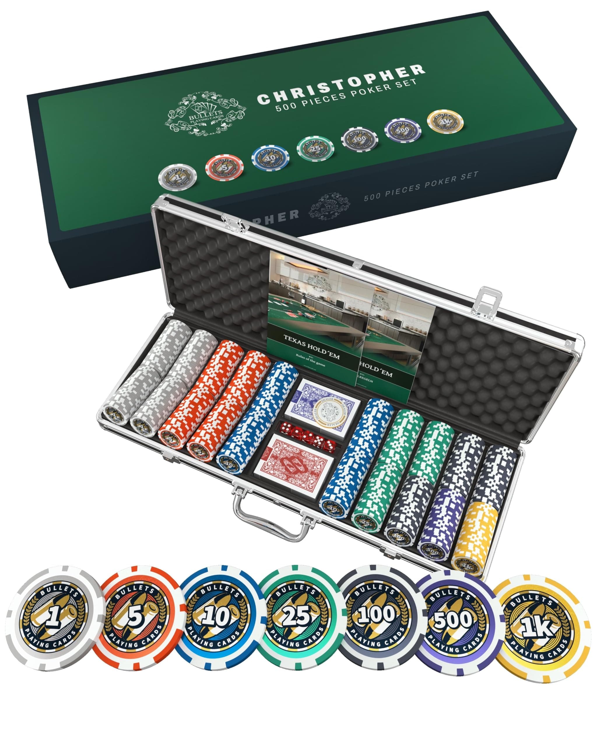 Bullets Playing Cards | Pokerkoffer Deluxe „Christopher“ mit 500 Plastik Pokerchips 12g | Pokerset mit Karten, Würfeln, Dealer Button & Regeln für Texas Holdem 500 Chips