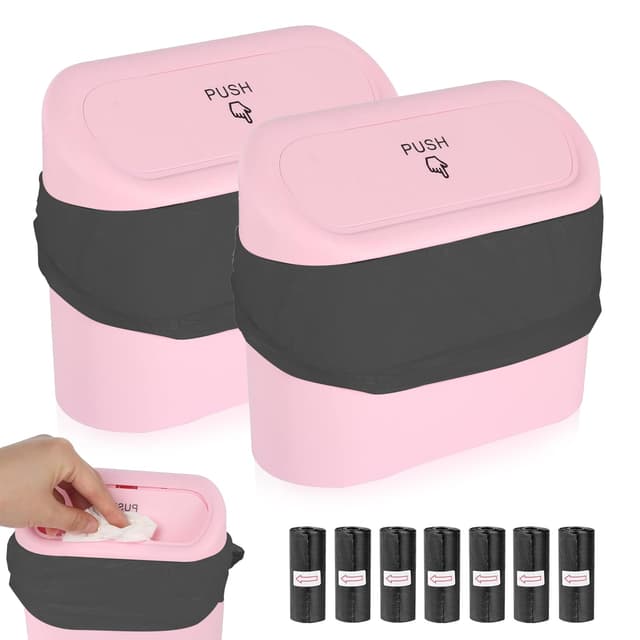 SXCCNW Auto Mülleimer, 2 Stück mit 105 Auto Müllsäcken, Klein Mini Auto Mülleimer mit Deckel für Familie, Büro, Küche & Auto - Rosa