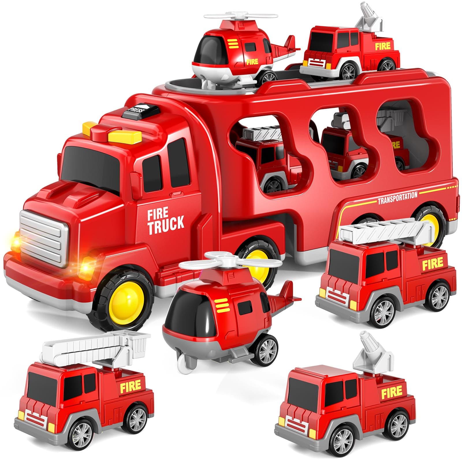 5-in-1 Feuerwehr LKW Spielzeug für Kinder, Reibungsbetriebene Transporter mit 4 Feuerwehrfahrzeugen, Spielzeug ab 1 2 3 Jahren für Jungen und Mädchen mit Lichtern und Geräuschen für Kleinkind 4 5 6 Feuerwehr (5 in 1)