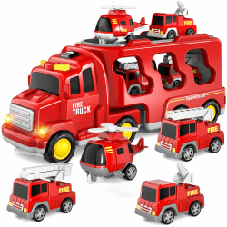5-in-1 Feuerwehr LKW Spielzeug für Kinder, Reibungsbetriebene Transporter mit 4 Feuerwehrfahrzeugen, Spielzeug ab 1 2 3 Jahren für Jungen und Mädchen mit Lichtern und Geräuschen für Kleinkind 4 5 6 Feuerwehr (5 in 1) Angebot bei HelloDeals