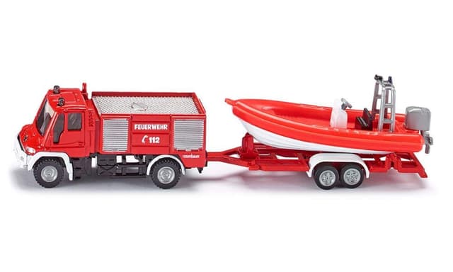 siku 1636, Feuerwehr Unimog mit Boot, Metall/Kunststoff, Rot, Schwimmfähiges Boot Unimog Pompiers mit Boot