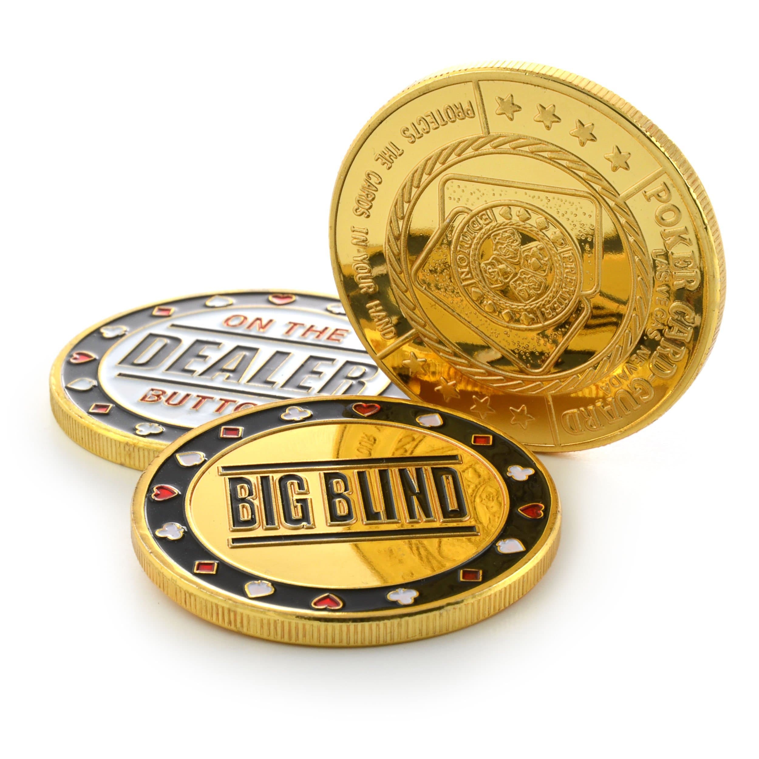 Ganzoo Poker-Button Set im Etui (Metall-Münzen), 1x Dealer Button, 1x small blind, 1x Big blind