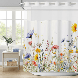 APROPHIC Wildflower Duschvorhang mit Snap-in-Futter, Aquarell Blumen Duschvorhänge, Durchsichtiger Netzoberteil, Gewichteter Saum, wasserdichte Stoff Blumen-Hotel-Badezim-Duschvorhang Set，181x188 cm Bunt Angebot bei HelloDeals