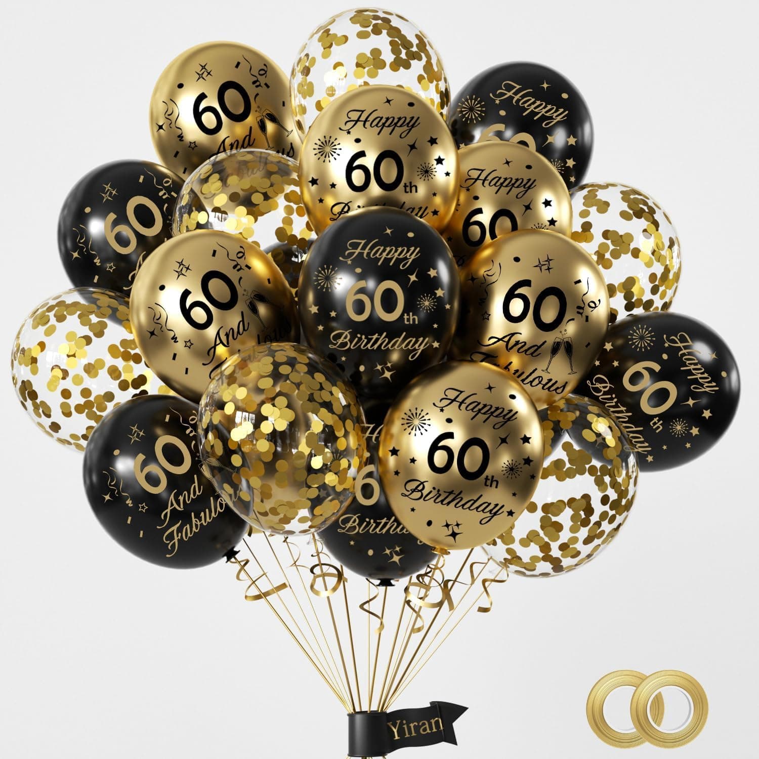 Yiran Luftballons 60.Geburtstag Deko,15 Stück 60.Geburtstag Junge Mädchen Schwarz Gold Deko, Happy Birthday Ballons Schwarz Gold Deko, Deko 60.Geburtstag Konfetti Luftballons, Birthday Party Deko Black Gold 60th