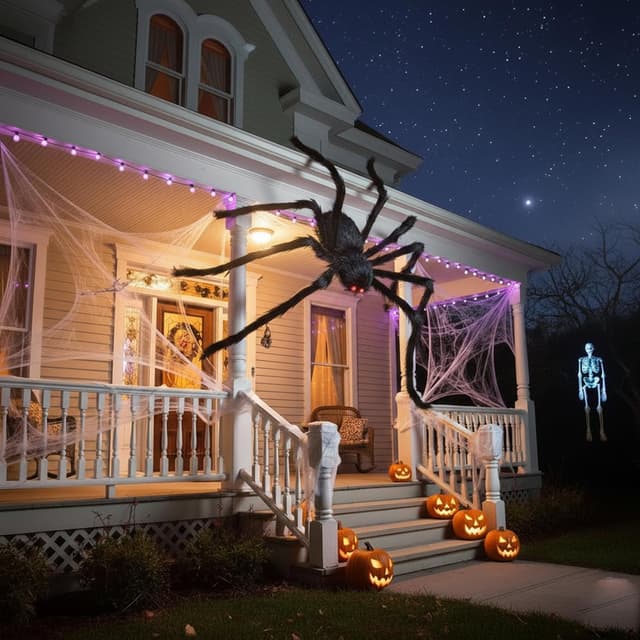 Halloween Riesenspinne 200 cm – Realistische Schwarze Haarige Spinne Deko mit Roten Augen & Biegbaren Beinen – Gruselige Indoor & Outdoor Halloween Party Deko für Garten, Haus, Fenster & Spukhaus