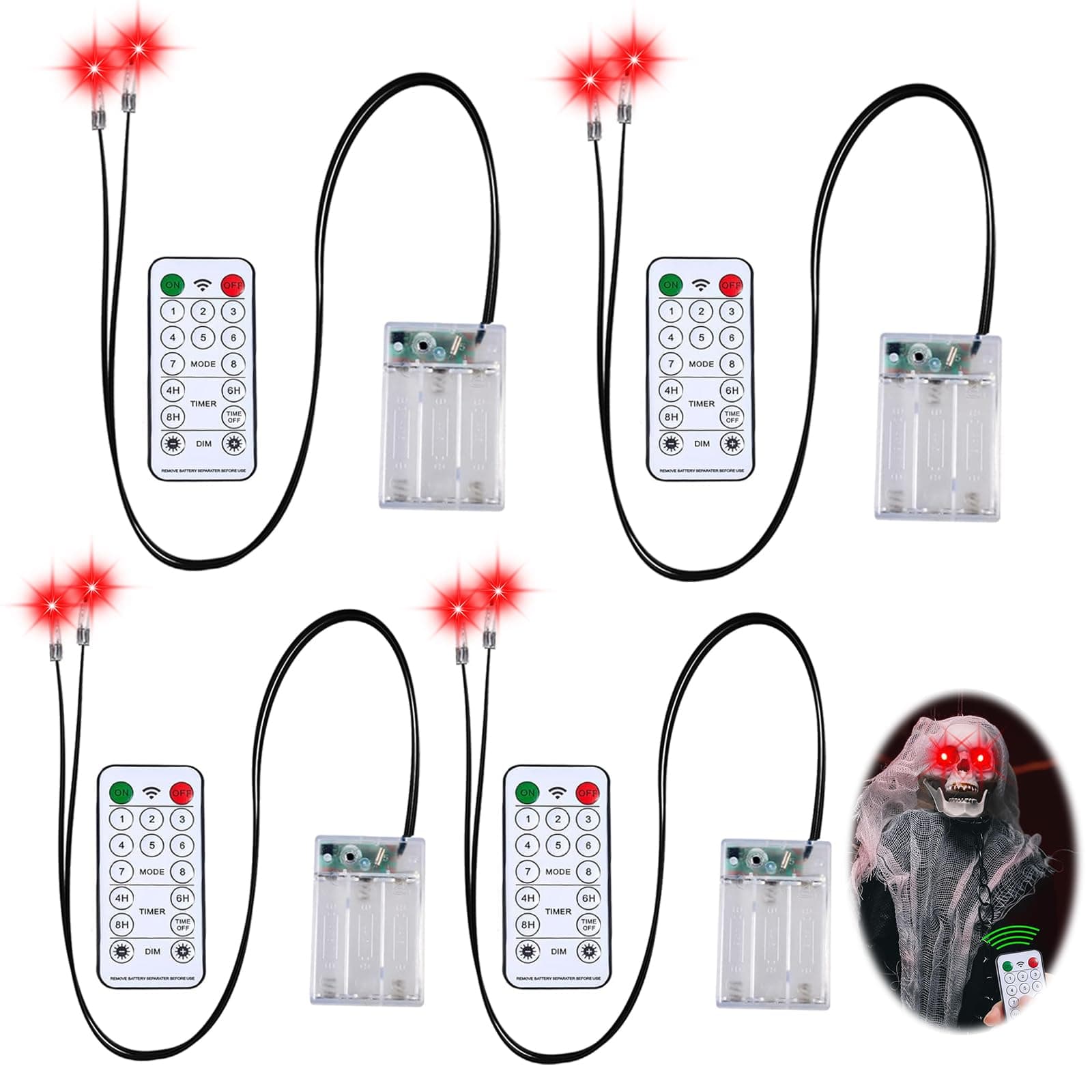 XIESUNUN 4 Stück Halloween LED Leuchtende Augen für Halloween Deko Skelette,Totenköpfe,Kürbisse,Grabsteine,LED Augen Dekoration,Kostüm Cosplay Masken,Horror-Dekoration Timer & 8 Modi(Rot) 4 Rot
