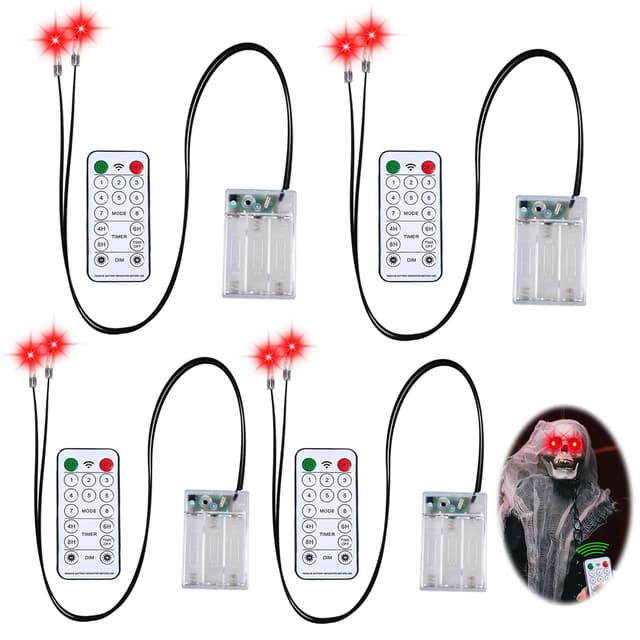 XIESUNUN 4 Stück Halloween LED Leuchtende Augen für Halloween Deko Skelette,Totenköpfe,Kürbisse,Grabsteine,LED Augen Dekoration,Kostüm Cosplay Masken,Horror-Dekoration Timer & 8 Modi(Rot) 4 Rot
