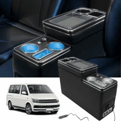 LIROPAU Mittelkonsole für Fahrzeuge Armlehnenbox Kompatibel mit VW T4 T5 T6 T6.1 T7 2003-2019, Aufbewahrungskiste mit Getränkehalter zubehör, Schwarz Glanz Leder Zubehör, LED-Leuchte, USB-Anschluss Angebot bei HelloDeals