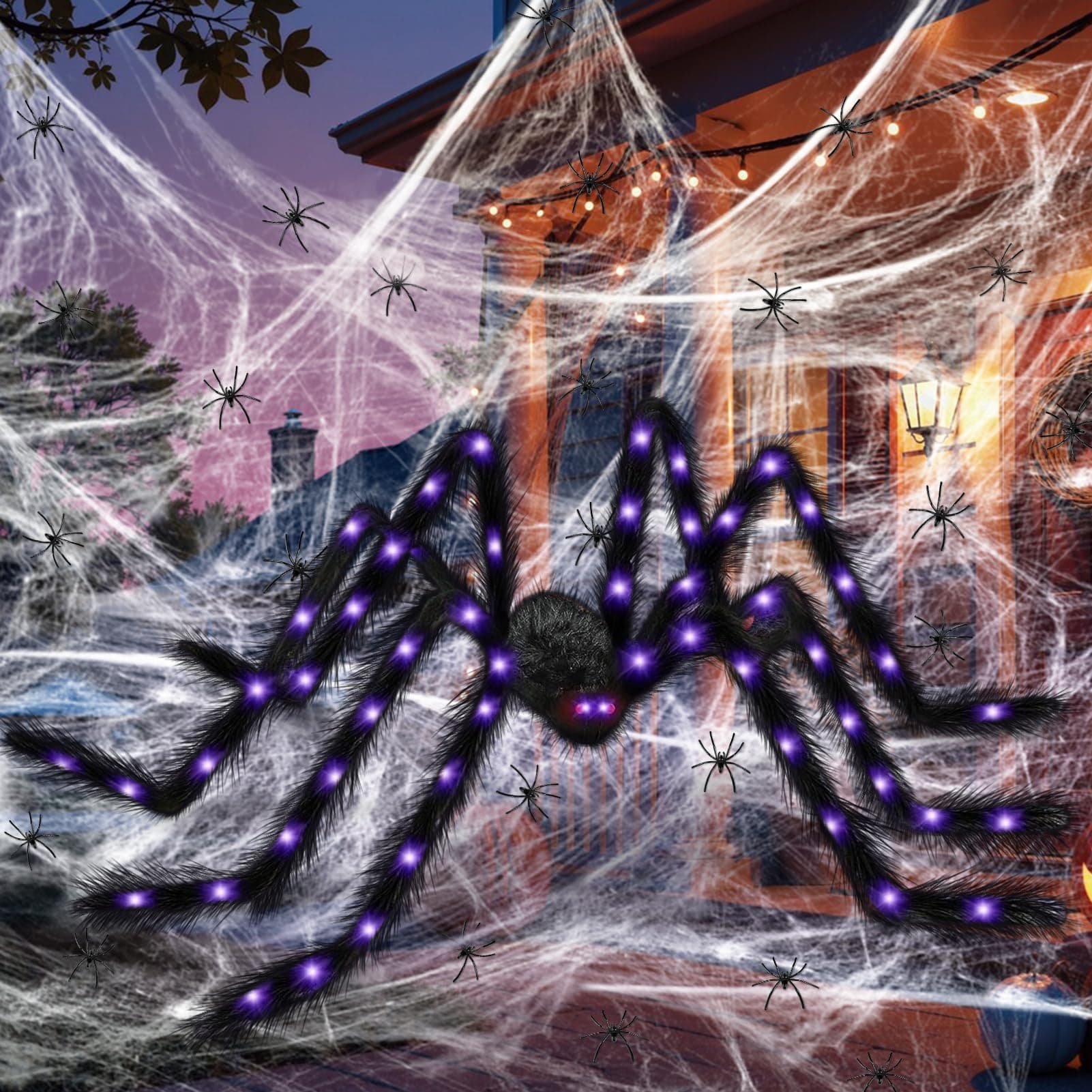 125cm LED Halloween Deko Spinne, mit Spinnennetz & 20 Mini Spinnen Deko, Spinne Halloween Groß, Party Horror deko für Outdoor, Garten, Haus, Tür, Fenster, Kamin & Spukhaus