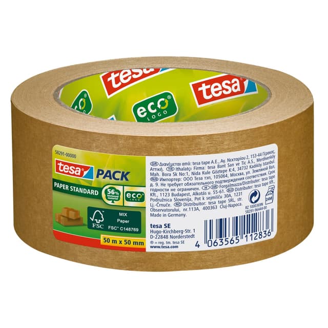 tesa tesapack Papier Standard - Umweltschonendes Paketband aus Papier, 56% biobasiertes Material - Effizient und recyclingfreundlich - Braun - 50 m x 50 mm 50m x 50mm Single