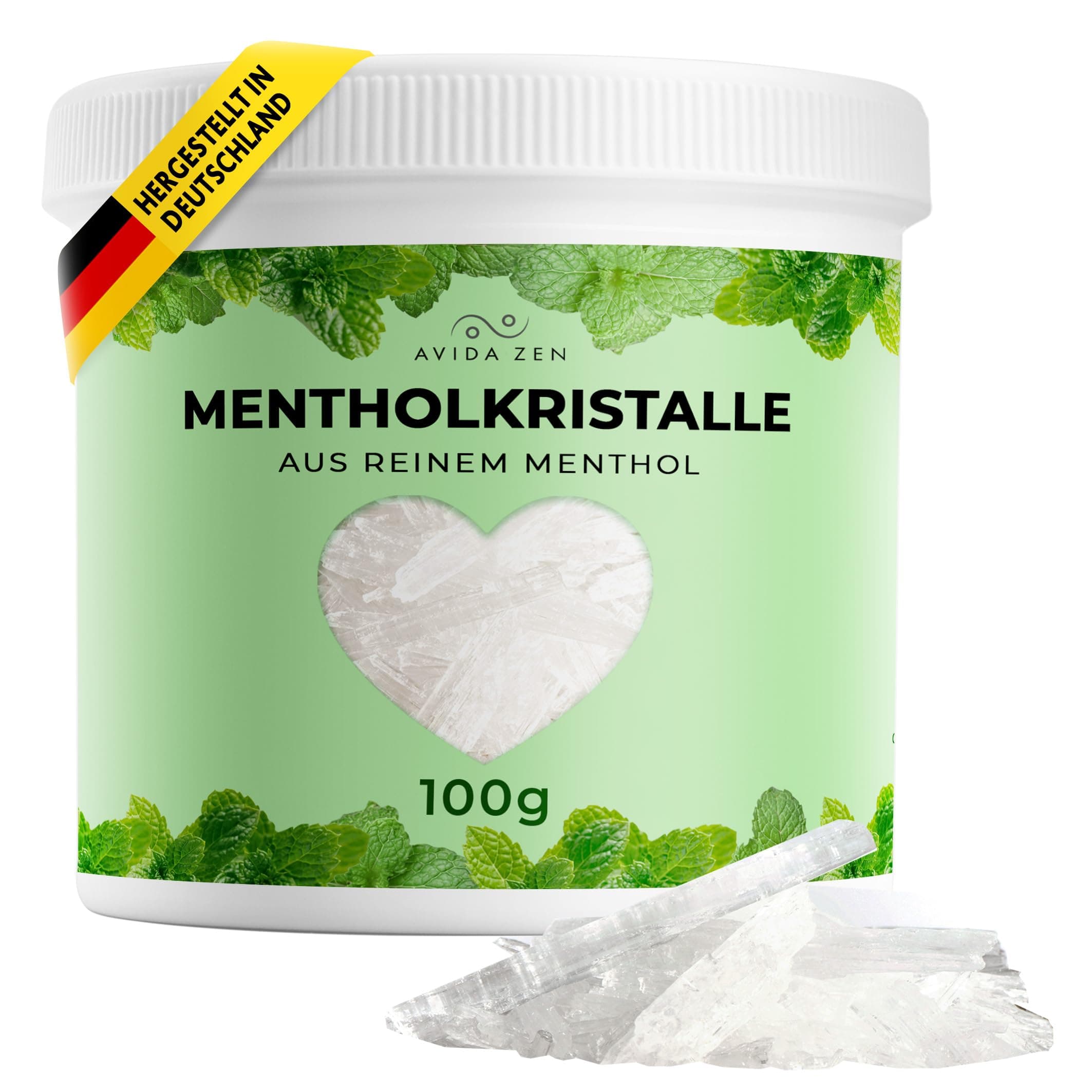 AVIDA ZEN Mentholkristalle 100g, natürliche Menthol Kristalle in wiederverschließbarer Dose, Sauna Kristalle aus Minzöl, ideal für einen vitalisierenden Saunaaufguss Menthol Dose 100g