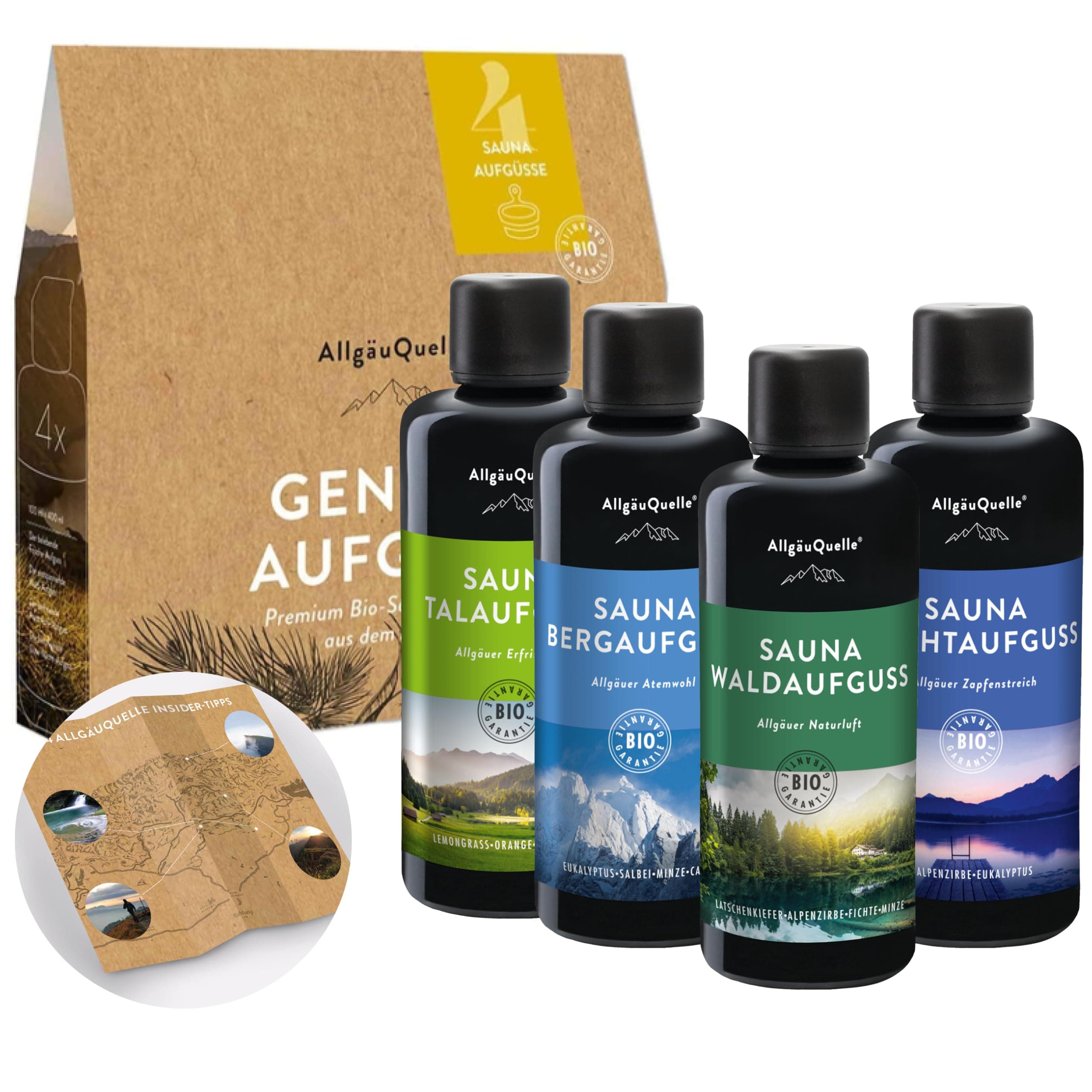 AllgäuQuelle® Saunaaufguss Set Bio 4er Sauna Zubehör 4x100ml Sauna Aufguss - Sauna Set inkl. Karte mit Allgäu Insider-Tipps 100 ml (4er Pack) Angebot bei HelloDeals