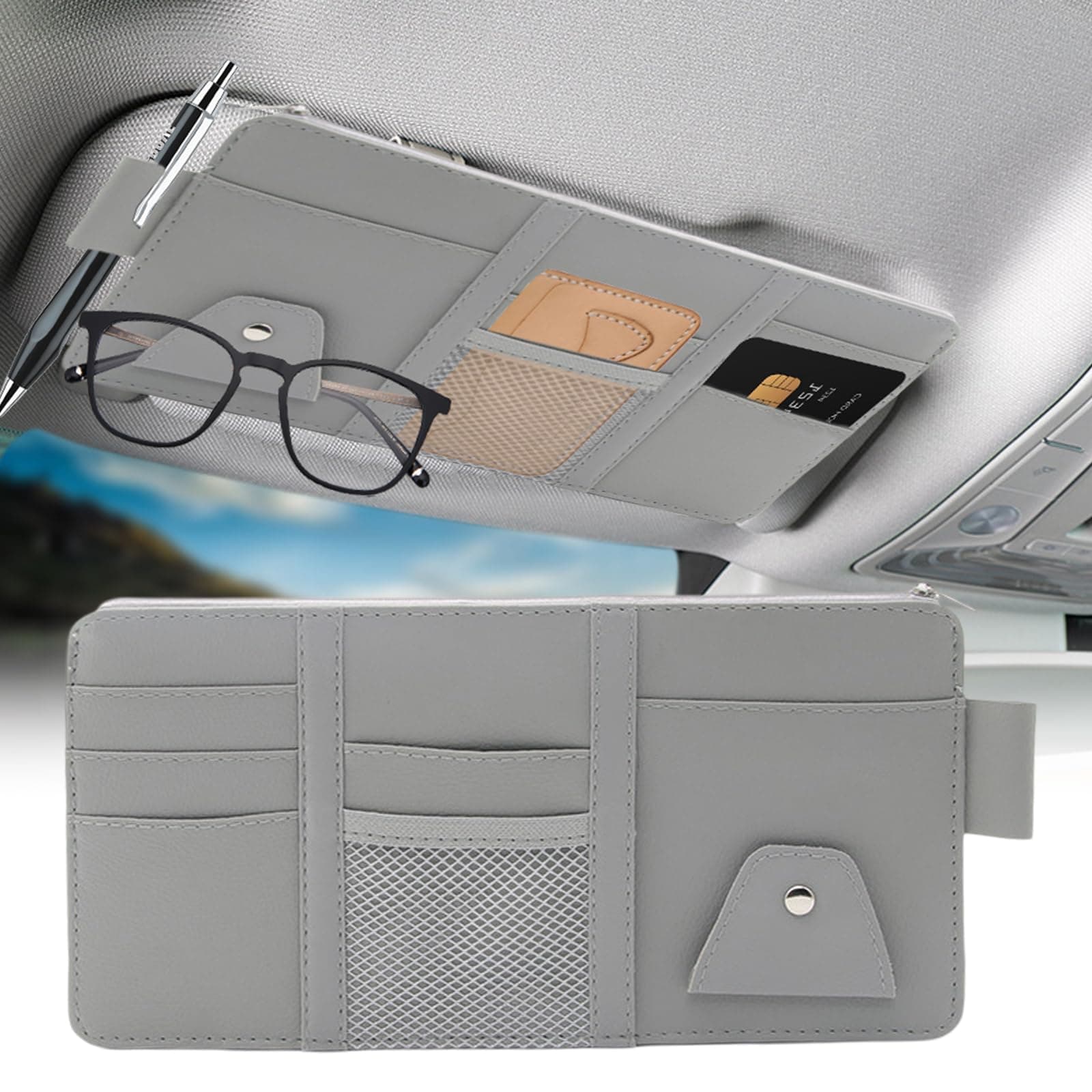 Favson Auto Sonnenblende Organizer,Leder Aufbewahrungstasche,29x15cm Car Sun Visor Organizer,Sonnenblende Tasche für Karten Lizenz Stift Brillen,Auto Interieur Leder Sonnenblenden Organizer(Grau)