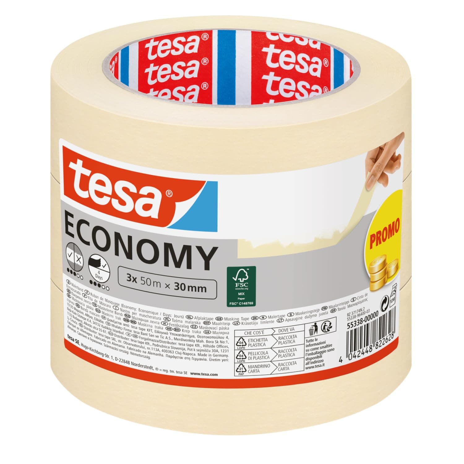 tesa Malerband ECONOMY - Vielseitiges Klebeband für Malerarbeiten ohne Lösungsmittel - Bis zu 4 Tage nach Gebrauch rückstandslos entfernbar, 3x 50 m x 30 mm Single 3 Rollen Angebot bei HelloDeals