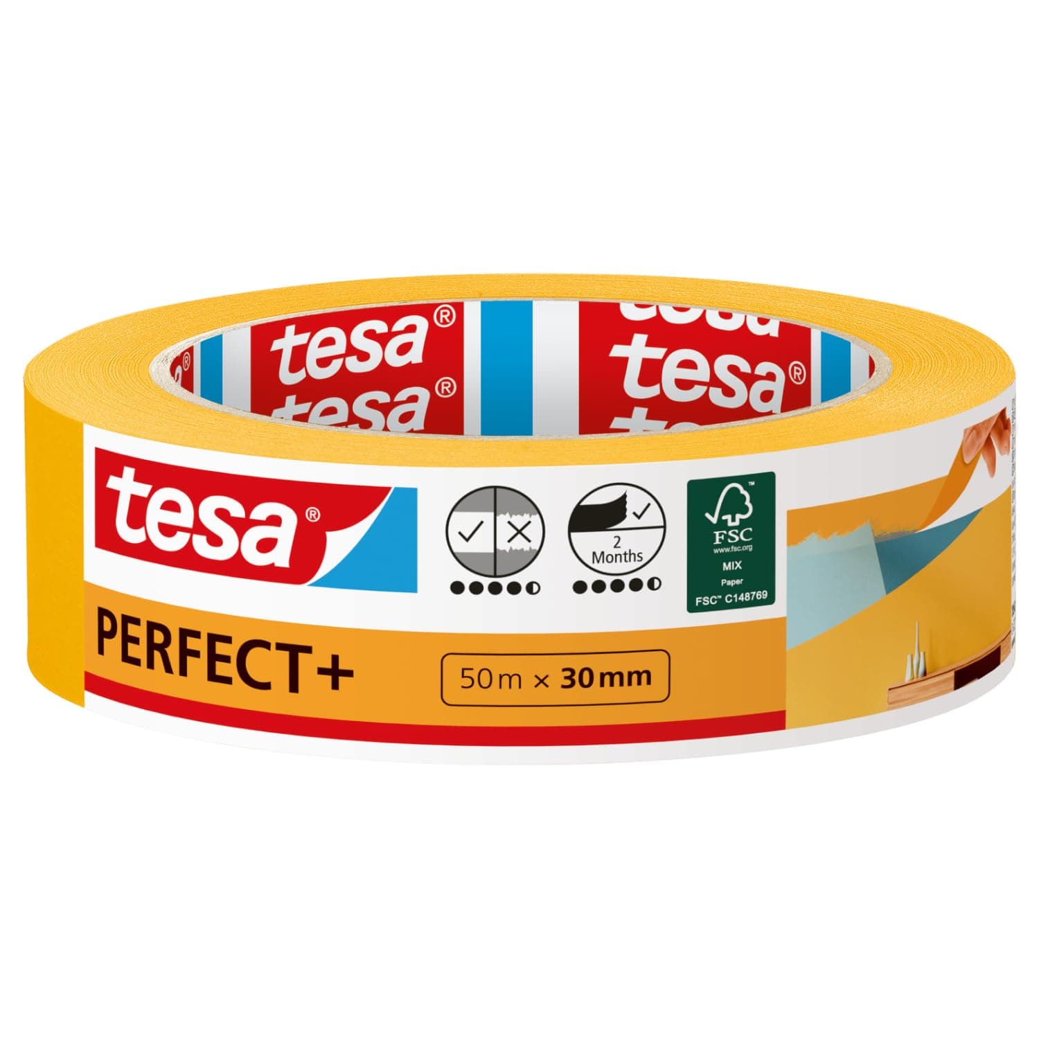 tesa Malerband Perfect+ - Malerkrepp aus dünnem Washi-Papier zum präzisen Abkleben bei Malerarbeiten - für den Innenbereich - 50 m x 30mm 50m x 30mm 1 Rolle
