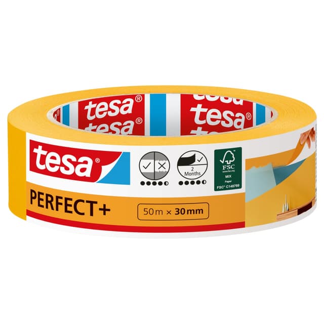 tesa Malerband Perfect+ - Malerkrepp aus dünnem Washi-Papier zum präzisen Abkleben bei Malerarbeiten - für den Innenbereich - 50 m x 30mm 50m x 30mm 1 Rolle
