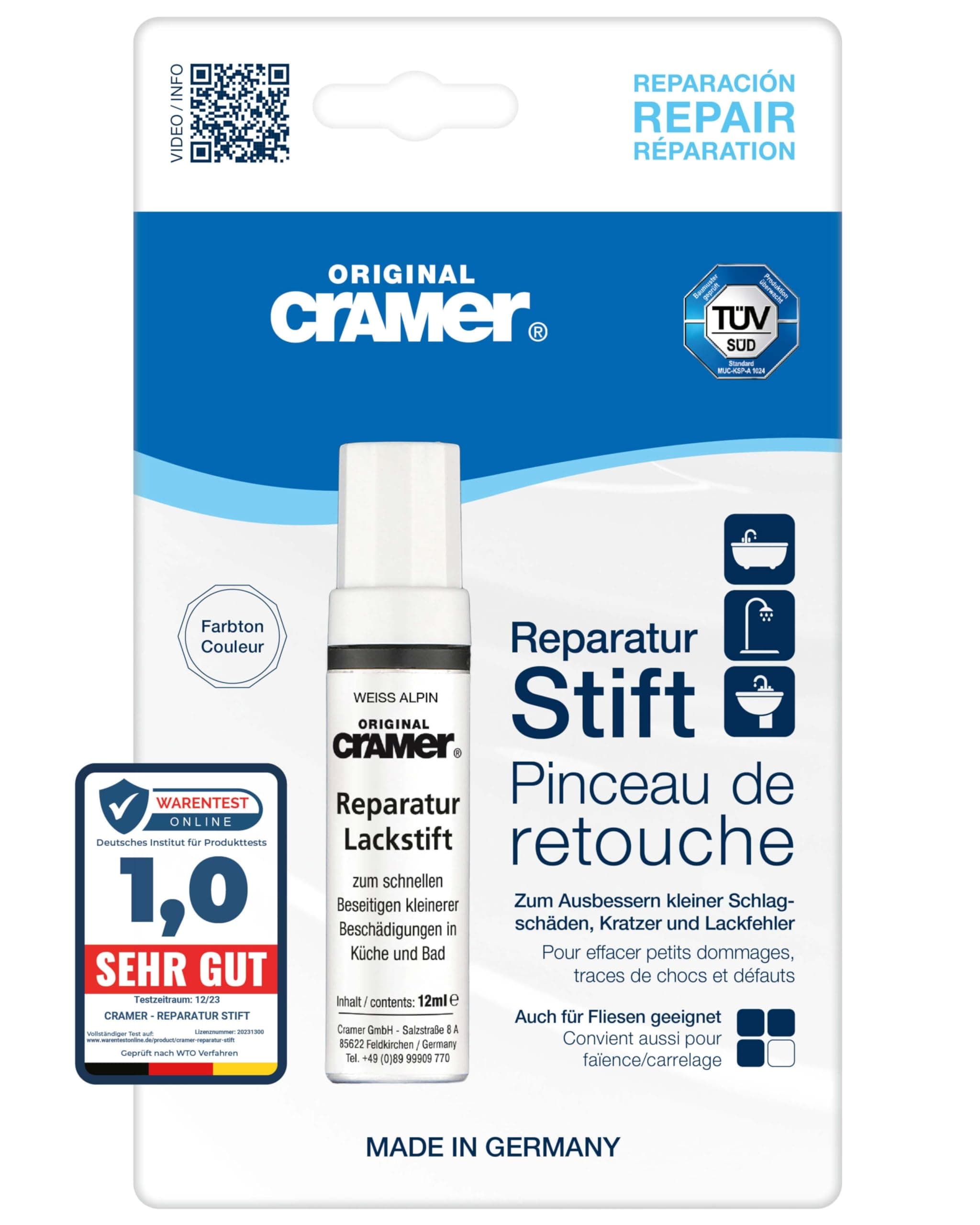 Cramer Reparatur Lackstift weiss alpin - hochwertiger Sanitärlack für Keramik, Emaille & Acryl. Ideal für Badewannen, Waschbecken & Fliesen - schnelle und einfache Ausbesserungen im Bad