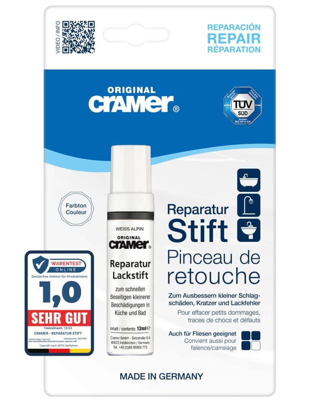 Cramer Reparatur Lackstift weiss alpin - hochwertiger Sanitärlack für Keramik, Emaille & Acryl. Ideal für Badewannen, Waschbecken & Fliesen - schnelle und einfache Ausbesserungen im Bad