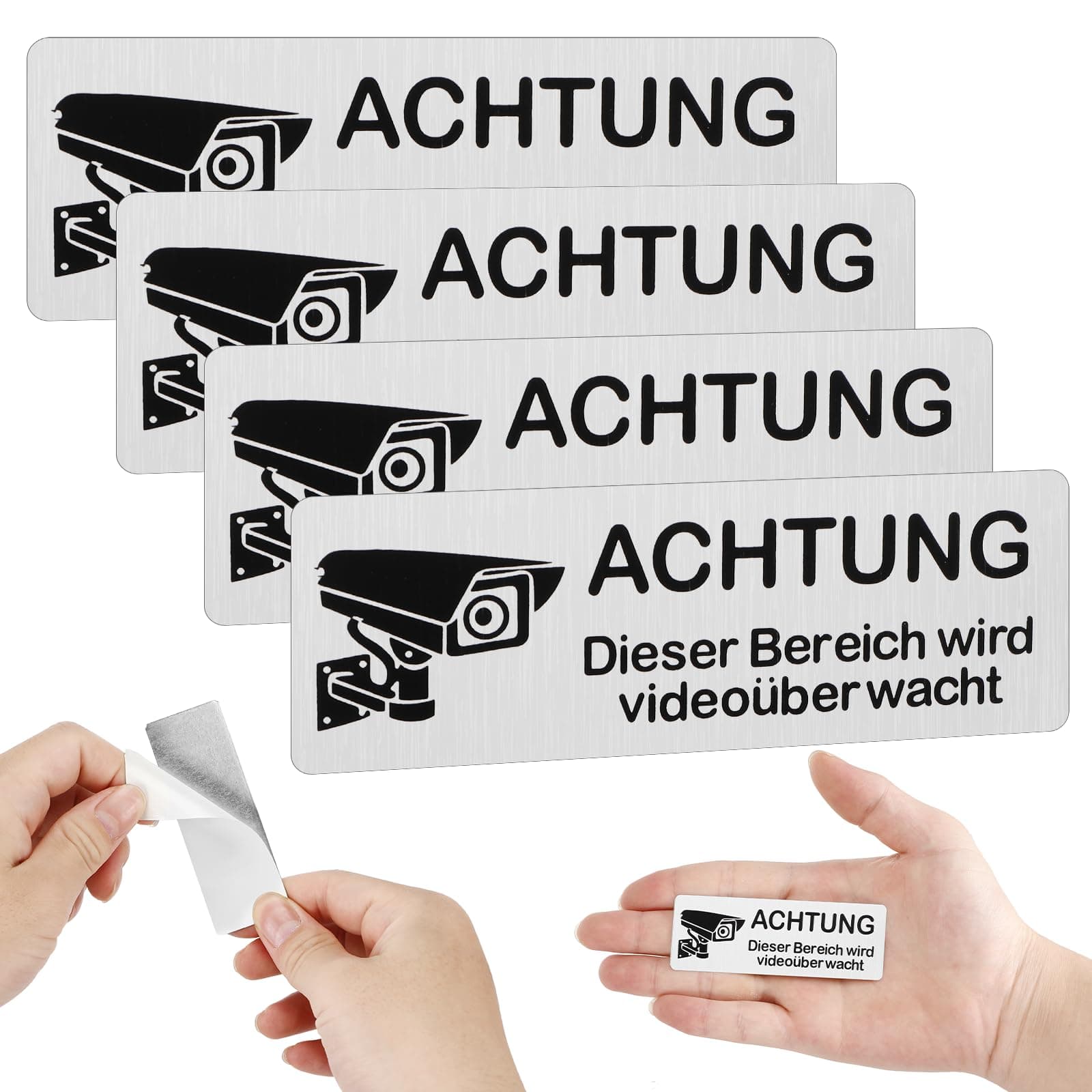 Pavlleen 4 Stück Schild Videoüberwachung Schilder, Selbstklebend Aluminium Achtung VideoüBerwachung Schild, 85mm×30mm Aluminium Hinweisschild Kamera ÜberwachungSchild, für Innen und Außenbereich