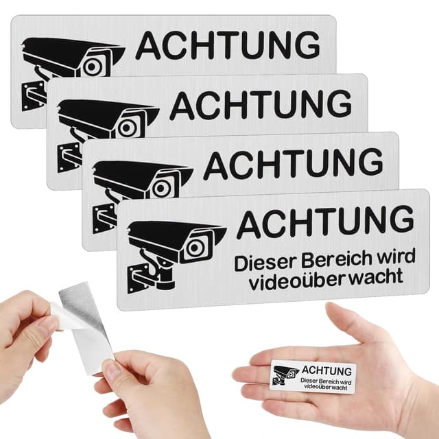 Pavlleen 4 Stück Schild Videoüberwachung Schilder, Selbstklebend Aluminium Achtung VideoüBerwachung Schild, 85mm×30mm Aluminium Hinweisschild Kamera ÜberwachungSchild, für Innen und Außenbereich