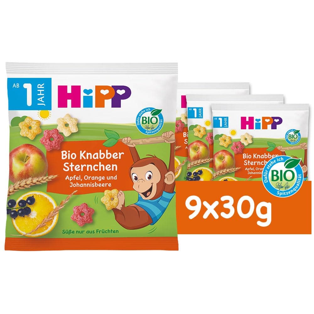 HiPP Bio für Kinder Knabberprodukte Knabber Sternchen mit Apfel, Orange und Johannisbeere, 9er Pack (9 x 30g) 30g (9er Pack) Sternchen/Früchte