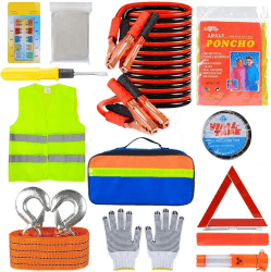 KAHEIGN 12 in 1 Auto Notfall-Werkzeugset, Pannenhilfe Set Auto Sicherheit Kit mit Warndreieck Warnweste Abschleppseil Starthilfekabel Sicherheitshammer Taschenlampe Pannenwerkzeugset Angebot bei HelloDeals
