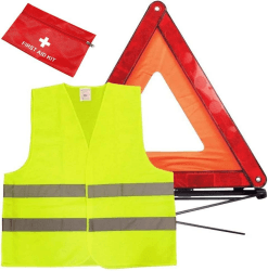 GRSTREE Car Mounted 3-Piece Emergency Car Kit, Equipped with High Brightness Warning Triangle, High Visibility Vest, First Aid Kit Storage Bag