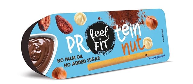 Feel FIT Protein nut & mini grissini, leckeren Haselnuss-Kakao-Creme und 7 knusprigen Brotsticks, Protein-Snack ohne Zuckerzusatz und ohne Palmöl 25 g Schokolade & Haselnüsse Snack Schokolade 25g