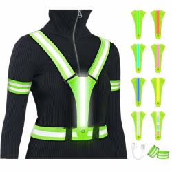 Adiwo 8 Farben LED Sicherheitsweste, Wiederaufladbar Reflektierende Warnweste mit 2 Reflektorbündchen, Damen Herren Kinder Einstellbar Warnweste Reflektorweste für Fahrrad Motorrad Joggen, Grün LED-Licht-grün